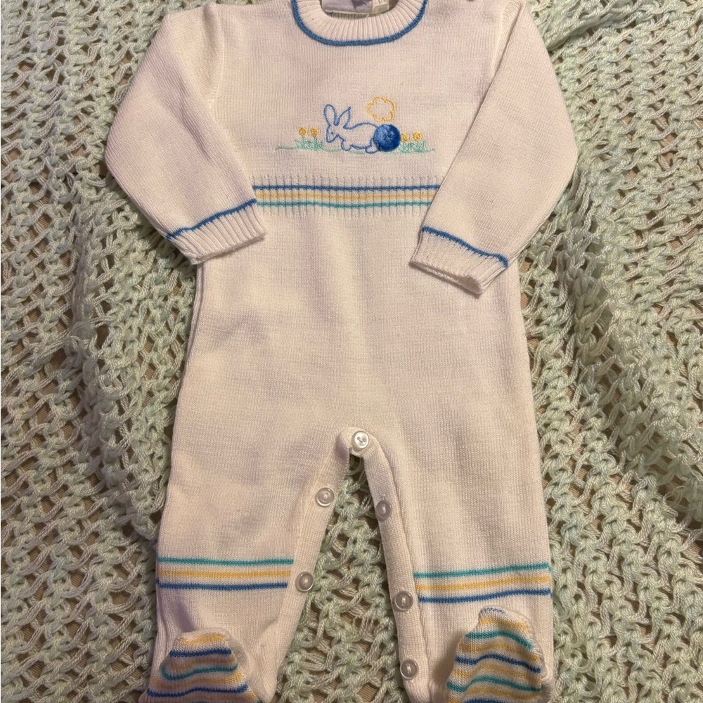Ash Cream and Blue Knit Footie with Bunny Design